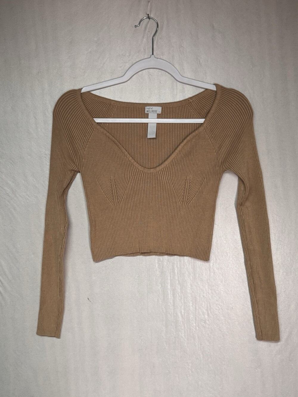 Ribbed Knit Womens Camel Crop Sweater Scoop Neck Balletcore Clean Girl Neutral S
